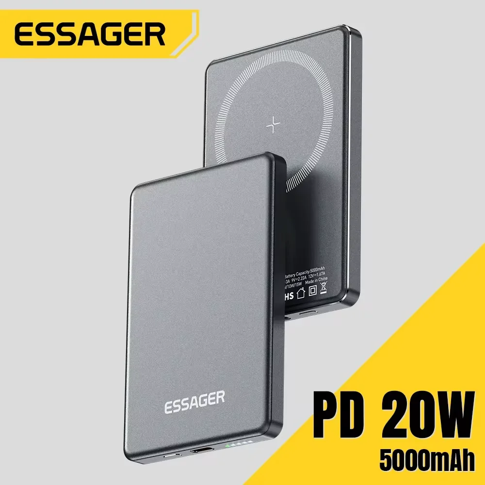 Essager 얇은 무선 보조베터리 자기 20W 5000mAh iPhone 16 15 14 13 용 Magsafe 용 휴대용 고속 충전 외장 배터리
