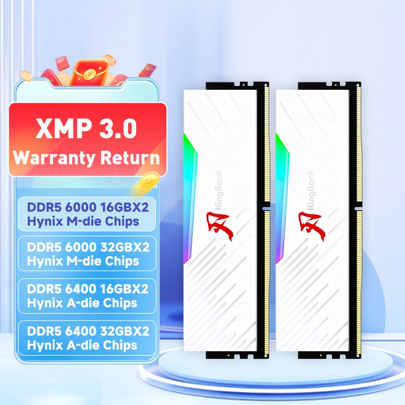 KingBank 브랜드 시리즈 DDR5 RGB RAM 메모리 DDR5 RAM PC 16GB 32GB 64GB 6000MHz 6400 MHz RAM 데스크탑 흰색 하이닉스 칩