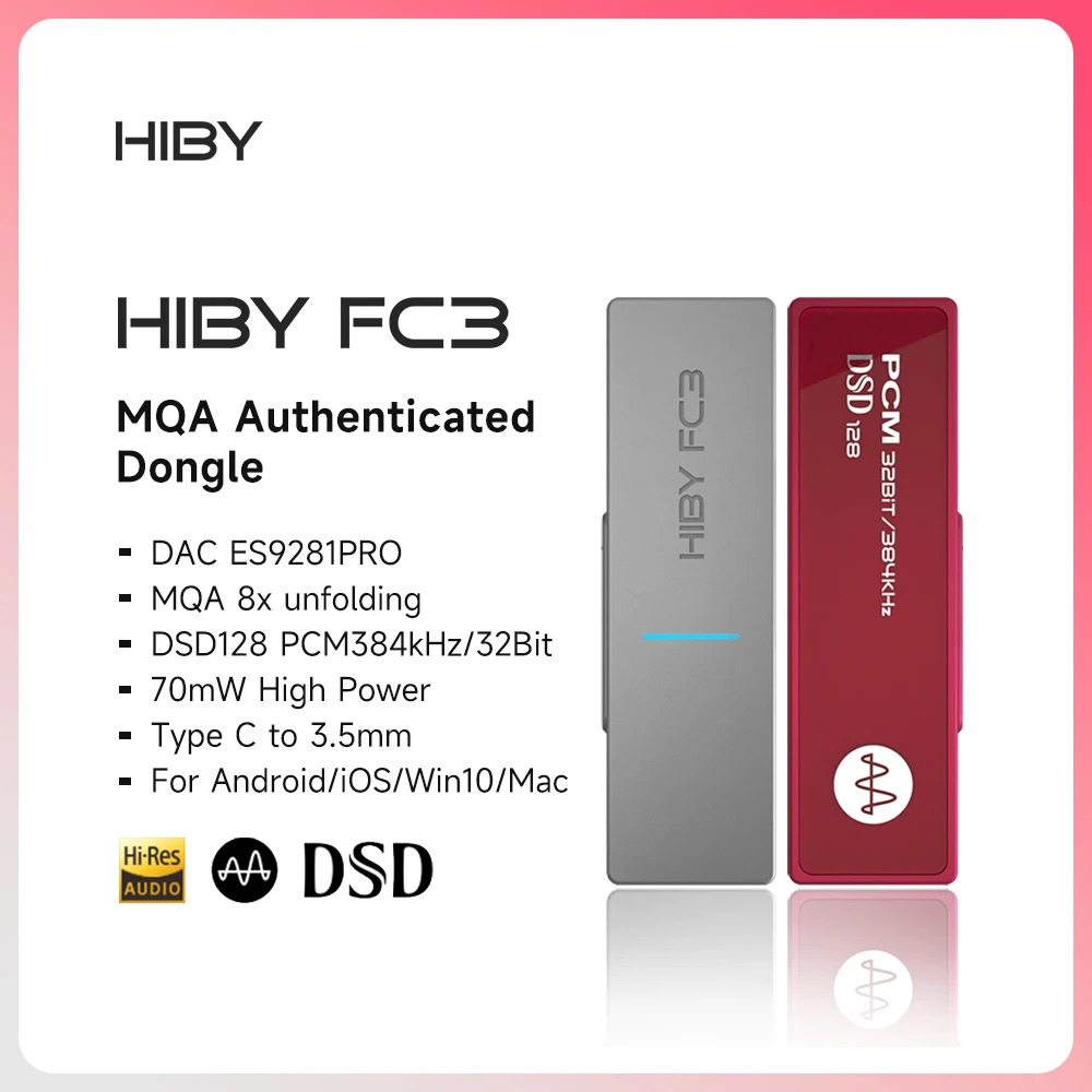 HiBy FC3 휴대용 MQA 8X 동글 유형 C USB DAC 오디오 HiFi 디코더 헤드폰 앰프 DSD128 3.5 안드로이드 iOS Mac Win10 용 잭