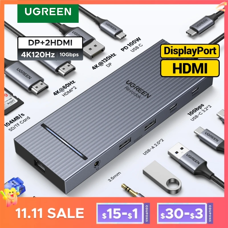 UGREEN USB 허브 4K120Hz DP 타입-C에서 4K60Hz로 변환 2xHDMI SD/TF RJ45 3.5mm USB3.2 Gen2 10Gbps 데이터 전송용 노트북 델 HP 레노버 액세서리