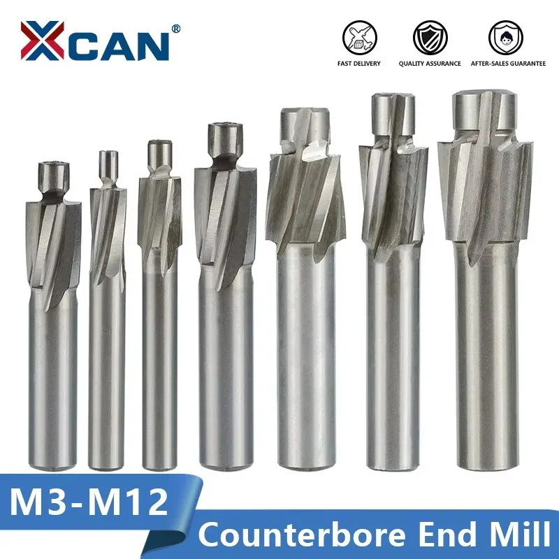 XCAN 밀링 커터 HSS 카운터보어 엔드 밀 M3-M12 파일럿 슬롯 도구 카운터싱크 엔드 밀 CNC 라우터 비트 밀링 도구